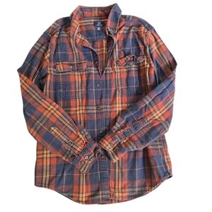 Men's Cotton Plaid Flannel Shirt - Blue Gold and Orange